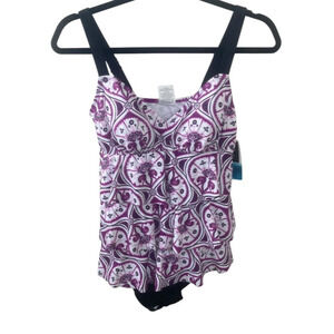 Swim Solutions NEW Triple Tier Fauxkini One-Piece Swimsuit Magenta Size 8